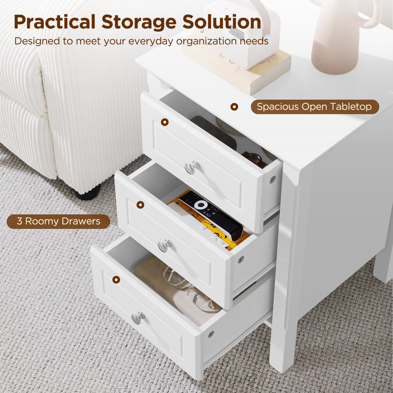 Modern 3 Drawer Bedside Table Nightstand, White, 1pcs