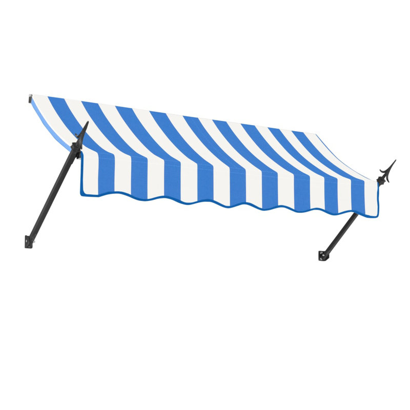 Awntech New Orleans Acrylic Fabric Fixed Awning with Iron Spear Arms, 24" H x 100.5" W x 16" D, Bright Blue/White Stripe