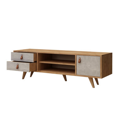 Meuble télé moderne avec 2 tiroirs, chêne et blanc | 100% panneau de particules enduit de mélamine, 47,2 x 20,9 x 15,7 pouces | Poignée en similicuir, pieds en bois, fixation murale, nombreuses tablettes, design scandinave, parfait pour le salon