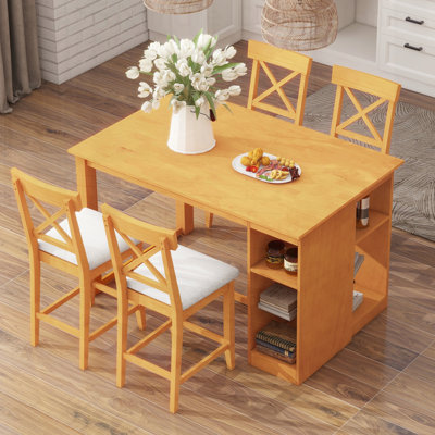 Ensemble de table de salle à manger à hauteur de comptoir en bois massif avec tablettes de rangement à 3 niveaux et chaises rembourrées pour 4, 5 pièces
