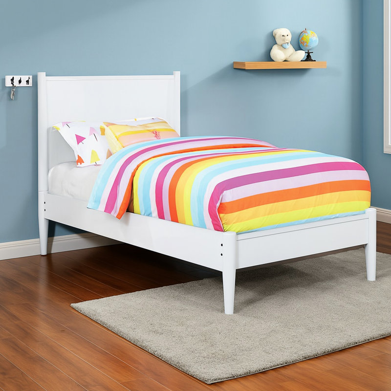 Mid-Century Modern Twin Size White Wooden Platform Bed With Round Tapered Legs And Slat Kit, Construction, No Box Spring Needed, Ideal For Bedroom White, Modern, Bed, Slatted Base, Bedroom, Required