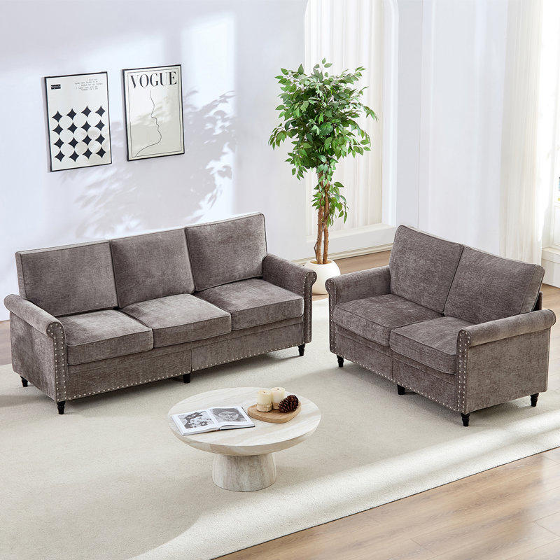 Ensemble de canapés en chenille 3 + 2 "76,8" d'une capacité de 300 lb / siège, coussins de ressorts ensachés épais, pieds en bois massif et housses de siège amovibles