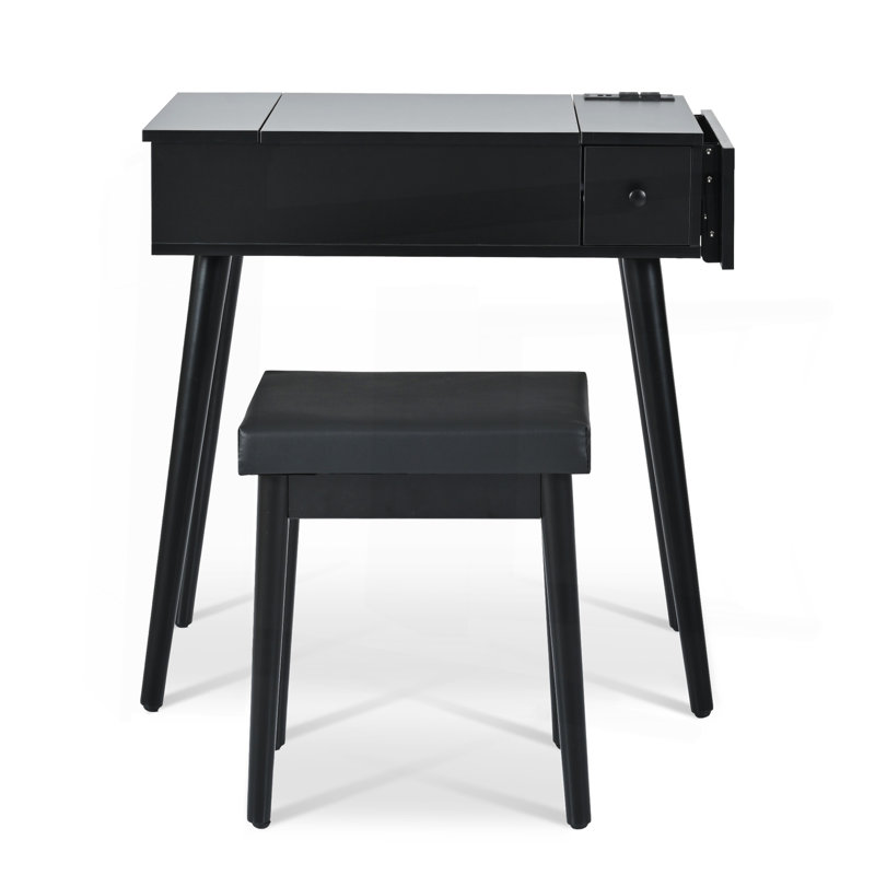 Meuble-lavabo noir 27,9 po avec miroir rabattable et lumière DEL, coiffeuse avec station de charge, 2 tiroirs et panneau rabattable, ensemble de coiffeuse avec tabouret rembourré pour la chambre à coucher