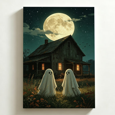 Tableau sur toile d'Halloween 40 x 60 cm. Deux fantômes se tiennent dans un champ, une vieille maison brille sous la pleine lune. Impression sur toile d'art nocturne fantastique. Décoration murale moderne pour chambre, salon et bureau.