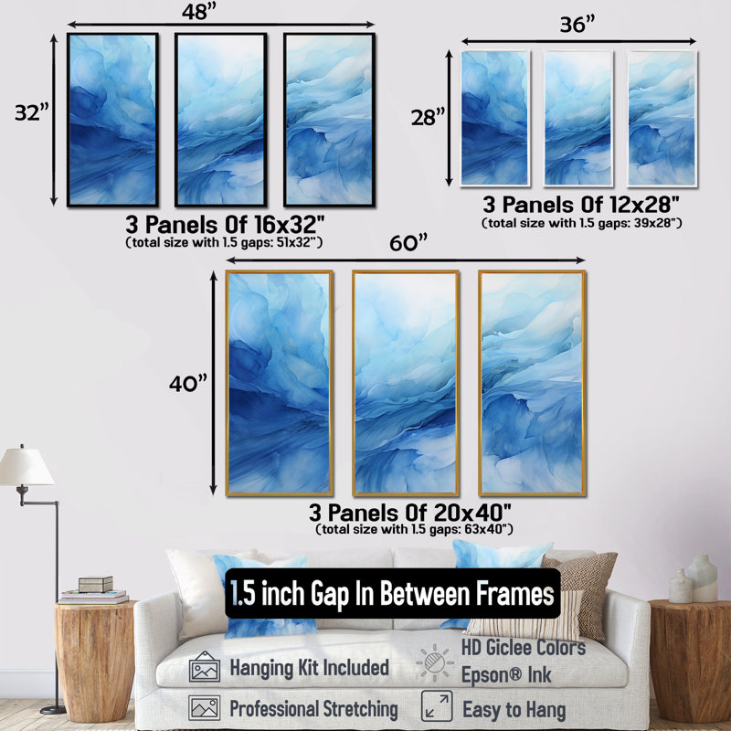 «Blue Emotional Tachism Waves 1 - Tachism», art mural, Cadre flottant noir, H 32 po x l 48 po x P 1 po