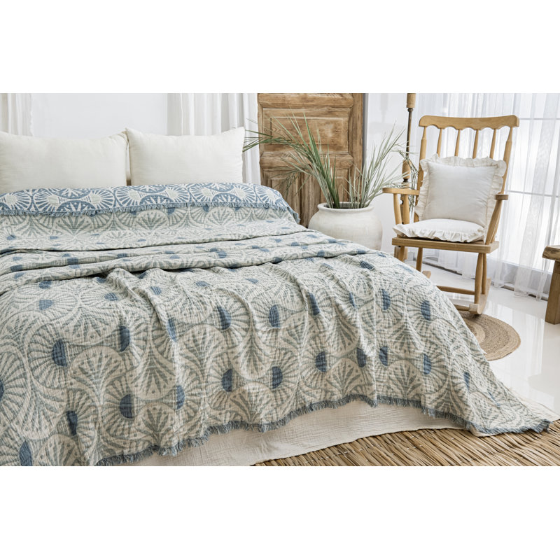 Gingko Muslin Bed Blanket, Teal
