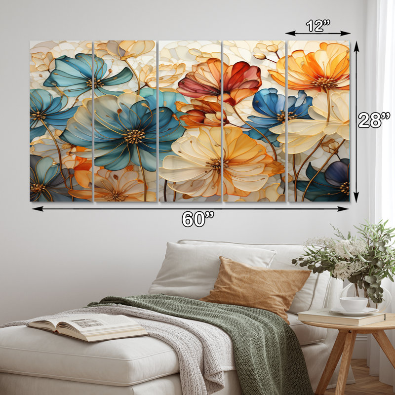 «Teal Orange Petal Mosaics II - Abstract Botanicals», art mural encadré