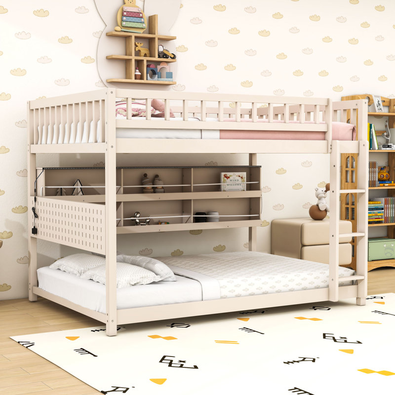 Lit superposé avec tablettes, lumières et panneau perforé, Beige