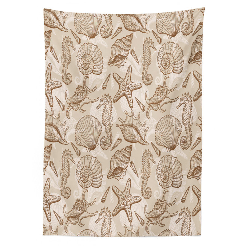 Ambesonne Beige Tablecloth, Exotic Marine Animals In Retro Style Illustration Shells Starfish Seahorse Contemporary, Rectangular Table Cover For Dining Room Kitchen Decor, 52" X 70", Beige