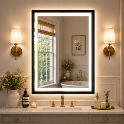 Miroir de salle de bain avec éclairage DEL, cadre en métal brossé, rétroéclairage avant et arrière, antibuée, intensité variable