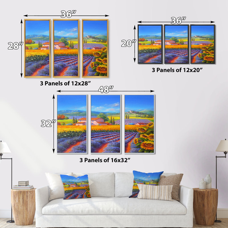 Lavande et champs de tournesols - Peinture sur toile 3 pièces, H 32 po x l 48 po, Noir