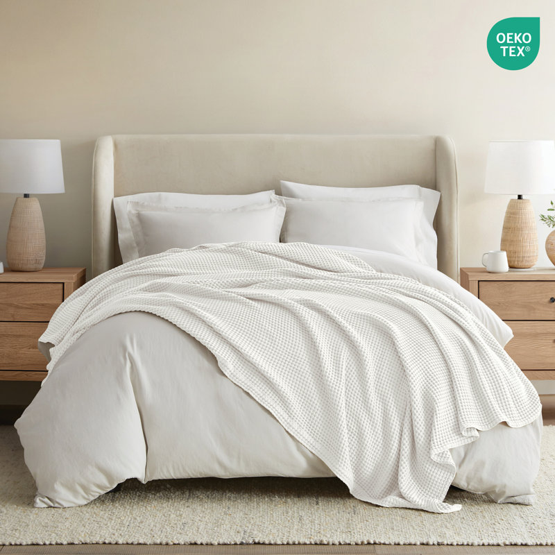 Couverture de lit 100% coton Waffle Weave, Blanc, Grand lit
