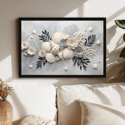 Art mural sur toile noir encadré pour le salon, la chambre à coucher, le bureau ou le vestibule - décoration murale décorative avec art coquillage