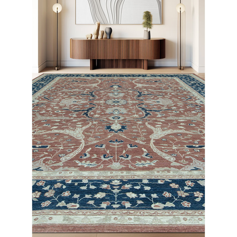 Hand-Knotted High-Quality Rust and Blue Area Rug
