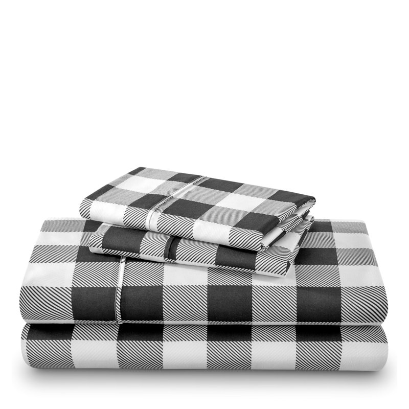 Microfiber Sheet Set, Cal.King Sheet Set + 1 Fitted Sheet +2 Pillowcases, Buffalo Plaid - White/Black