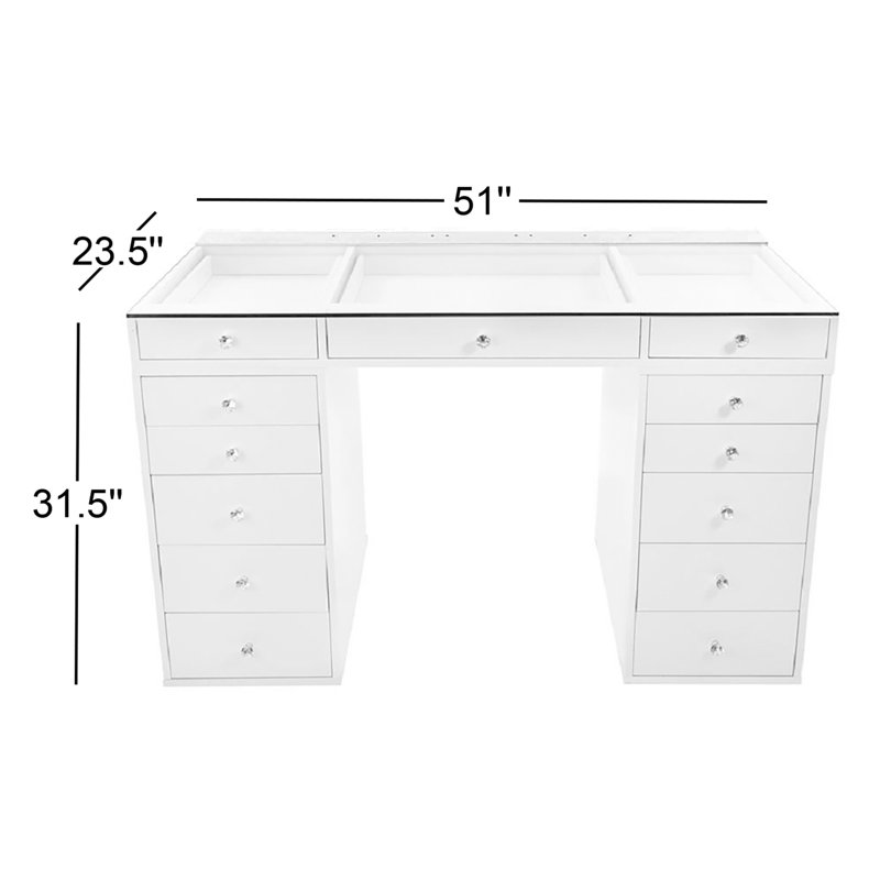 SlayStation Plus 2.0 Tabletop Vanity Desk with Clear Glass Top and 5 Drawer Units Bundle for Storage, Bright White