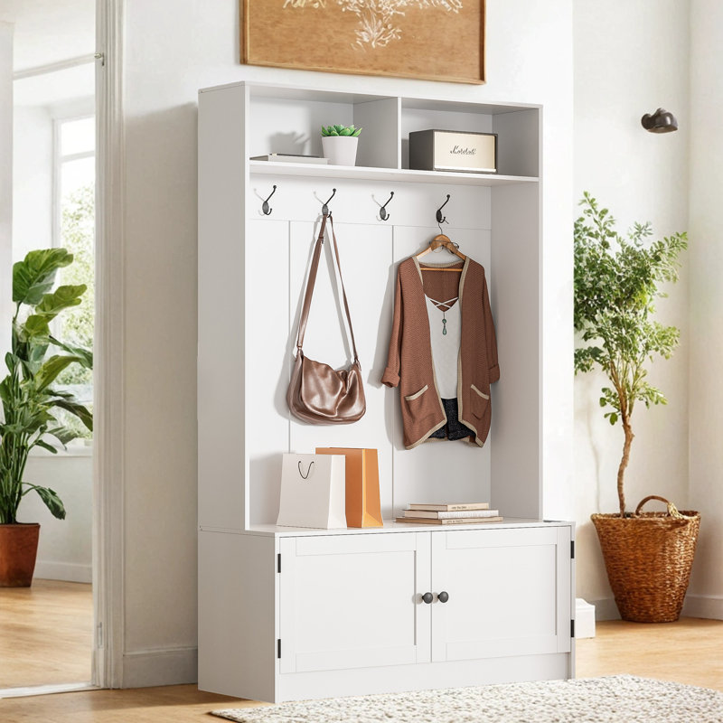 White Wooden Hall Tree with Storage Bench and Coat Rack