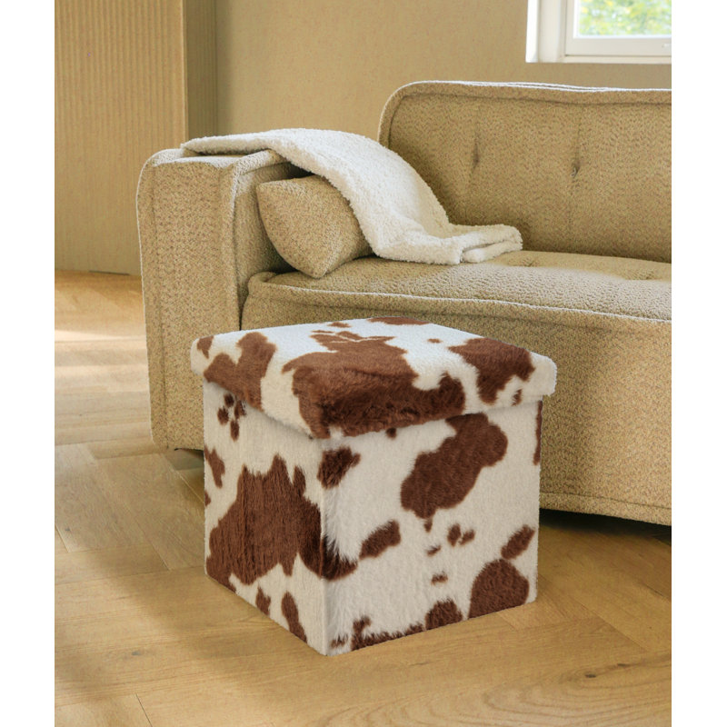 Repose-pieds avec rangement en fausse fourrure Go-Poufs | 15 po x 15 po x 15 po, Brun / Blanc