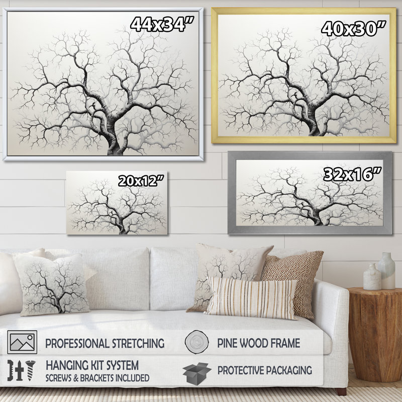 «Monocrhome Sycamore Tree Solitude II», reproduction sur toile, Cadre simple argenté, H 30 po x l 40 po x P 1,5 po