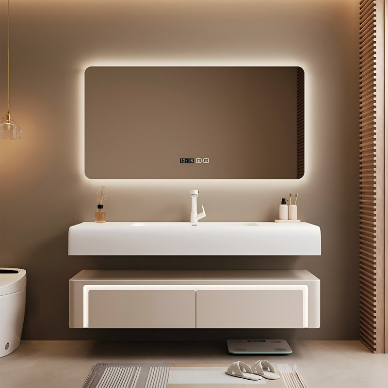 Meuble-lavabo mural 47,24 po en bois d'hévéa massif avec miroir intelligent, 47"