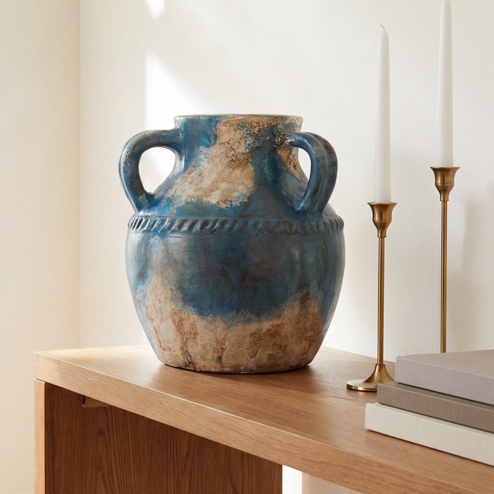 Tenney Terracotta Table Vase, 12" H x 13" W x 13" D, Blue/Beige