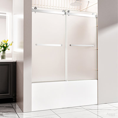 60" W x 60" H Brushed Nickel Frameless Double Sliding Shower Door, Bathtub Door, 5/16" (8mm) Frosted Ultra-Clear Nano-Coated Tempered Glass