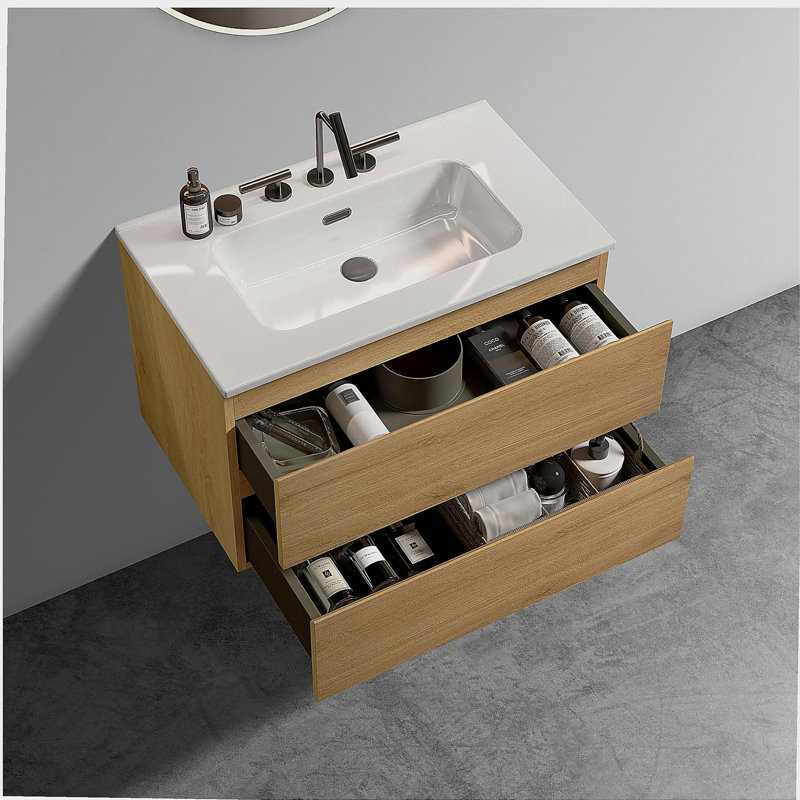 Meuble-lavabo mural en céramique avec trois trous de robinet, grand lavabo flottant de rangement, adapté aux salles de bain modernes, pré-assemblé
