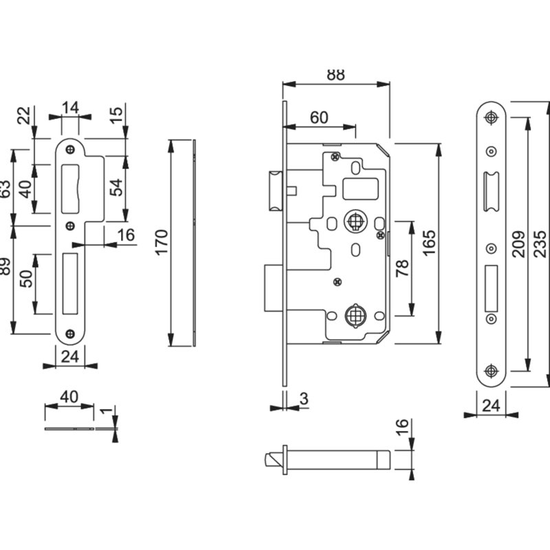 Access Flush Latch, Satin Silver, 23.5cm H x 2.4cm W x 8.8cm D