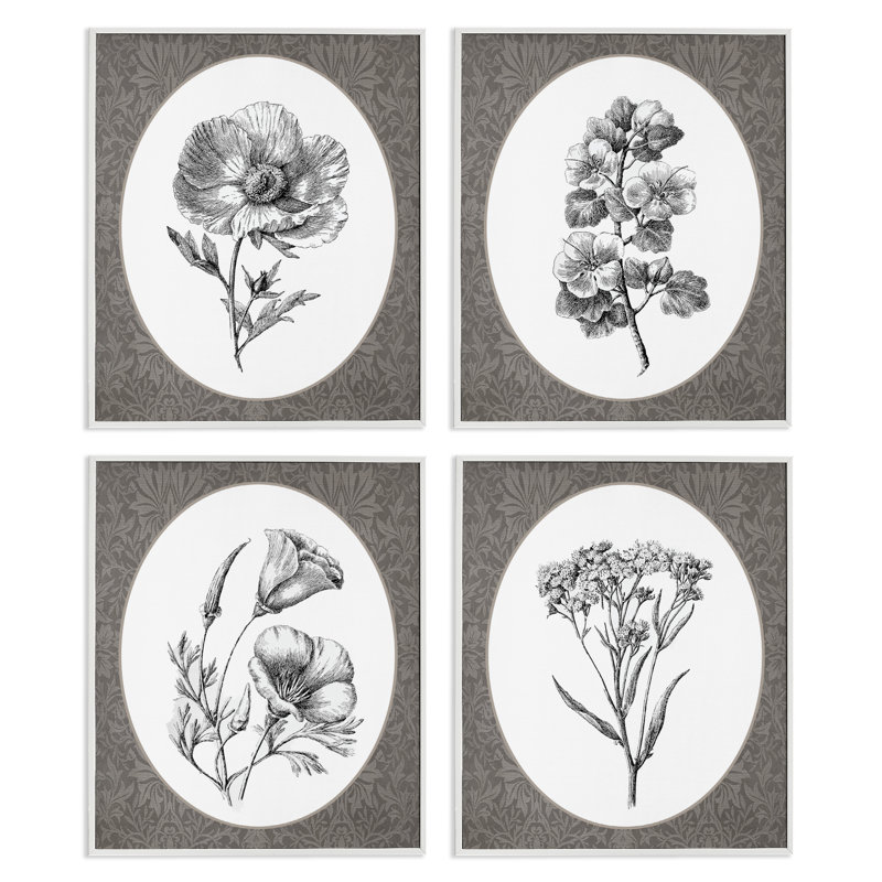 Ensemble de 4 giclées encadrées Ornate Blooms over Damask, H 20 po x l 16 po, Giclée encadrée noir minuit