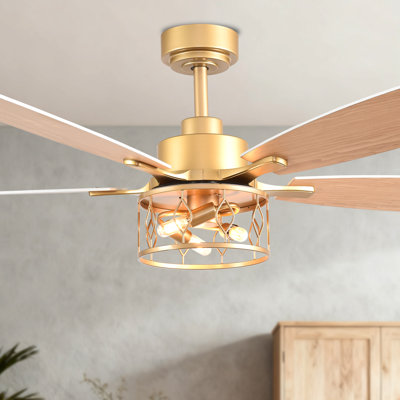 52" Modern Gold Ceiling Fan with Light Kit and Remote Control 5-blade 6-speed Reversible DC Motor for Living Room