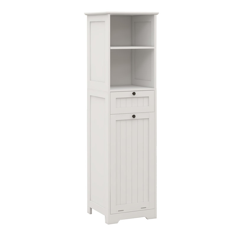 Armoire à linge compacte 16 po avec tiroir et tablettes, panier à linge inclinable en bois, blanc