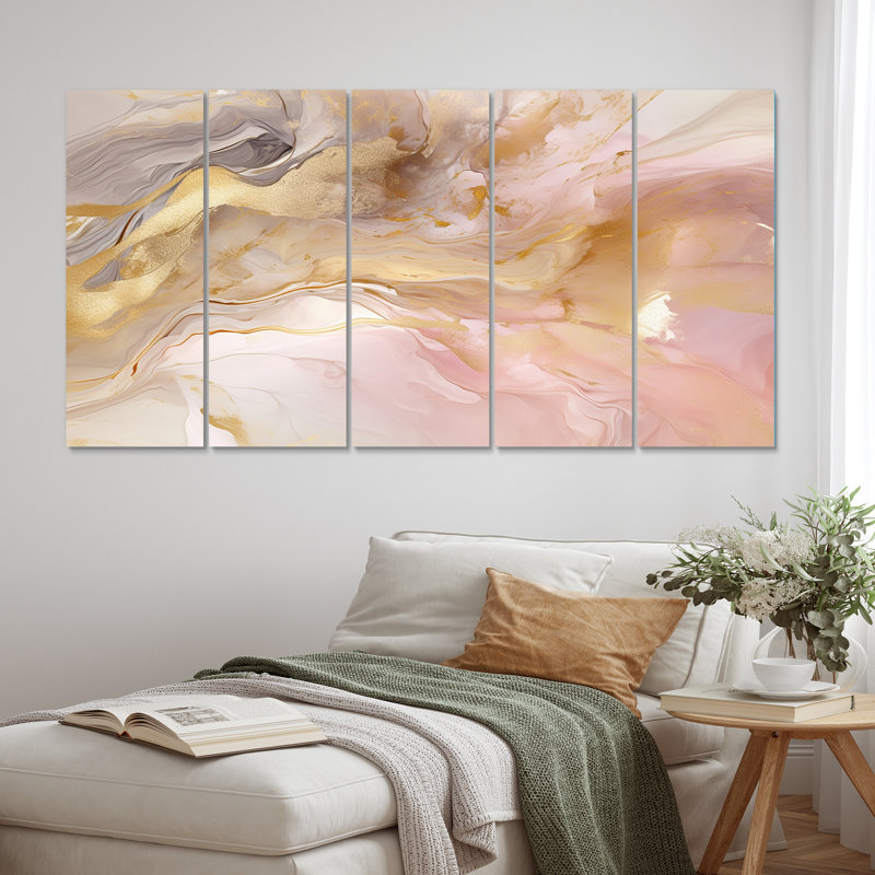Exquis symphonie abstraite rose pastel I - art mural abstrait, salon - 5 panneaux égaux