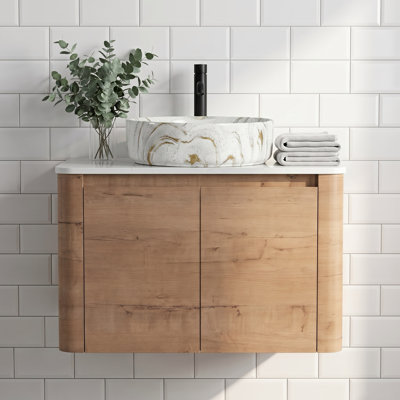 Meuble-lavabo flottant 30 po avec lavabo vasque en marbre veiné doré et 2 portes en chêne imitation à fermeture en douceur