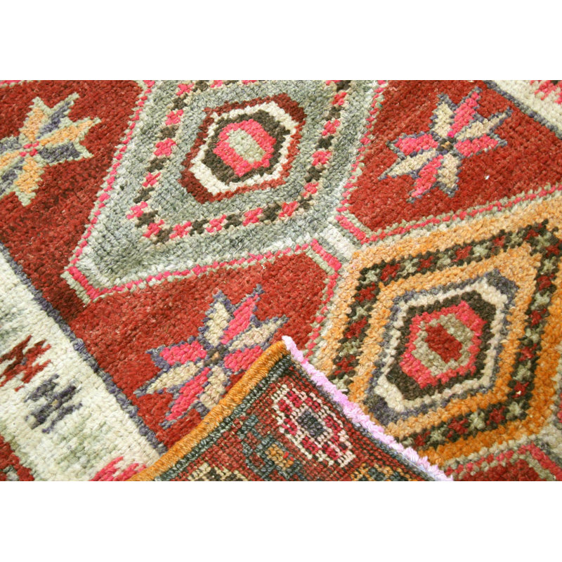 One-of-a-Kind Hand-Knotted 1960s 2'9" x 11'11" Runner Wool Area Rug in Red/Beige/Green/Orange