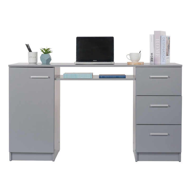 Computer Desk with 3 Drawers, 1 Door and 1 Storage Shelf, Gray
