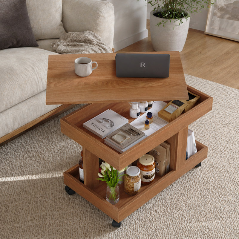 Petite table basse avec roulettes 360 ° rotative multifonctionnelle pour le salon et la chambre à coucher, Natural / Black