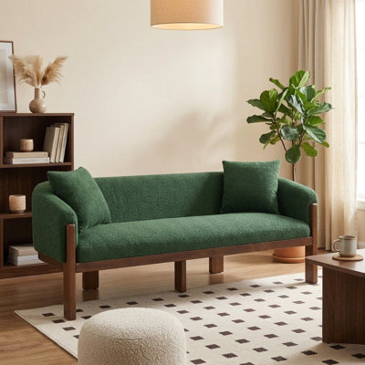 Canapé 3 places moderne du milieu du siècle, 78 cm de large, avec 2 coussins décoratifs, tissu bouclé vert et pieds en bois d'hévéa massif.