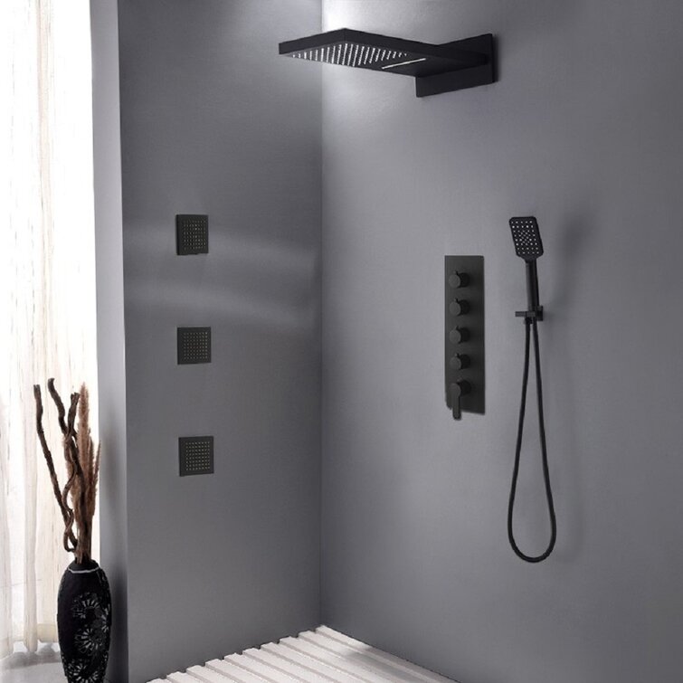 Modern Matte Black Wall Mounted 12 Rainfall Showerhead & Handheld Shower Set with Six Body Spray Jets Thermostatic Solid Brass