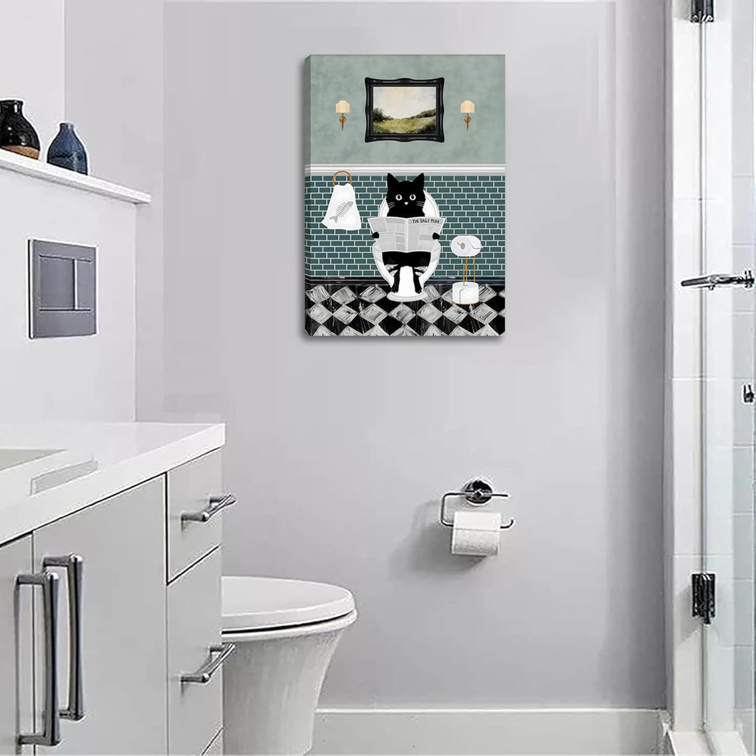 Ophelia & Co. 3Pcs Framed Funny Bathroom Black Cat Canvas Wall Art ...