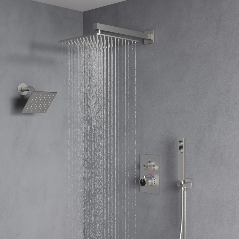 Wall Mount 12" High-Pressure Rainfall Shower Faucet, Dual Rainfall Shower Head System with Thermostatic Valve, Brushed Nickel