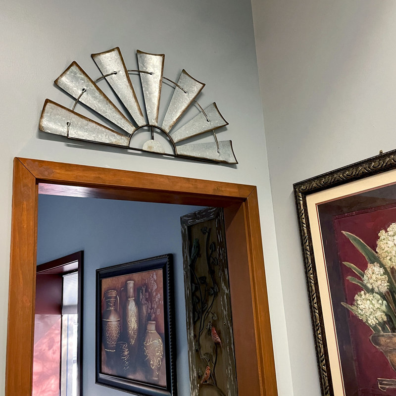Farmhouse Galvanized Metal Half-Windmill Wall Sculpture with Faux Rust Accents, Distressed Gray and Silver — 30.5" L X 1" W X 15.25" H