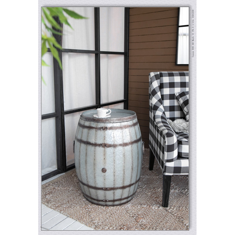 Table d'appoint à tambour rustique rustique avec couvercle amovible et rangement spacieux, parfaite pour un décor industriel et de maison de campagne.