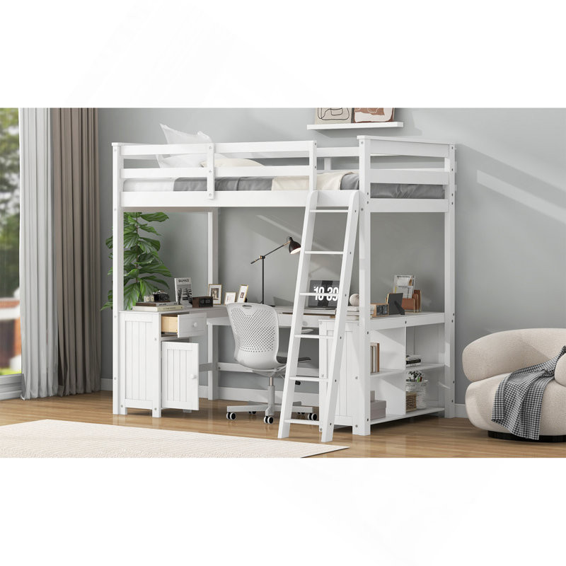 Lit mezzanine double avec bureau en U, tiroirs et tablettes de rangement, blanc