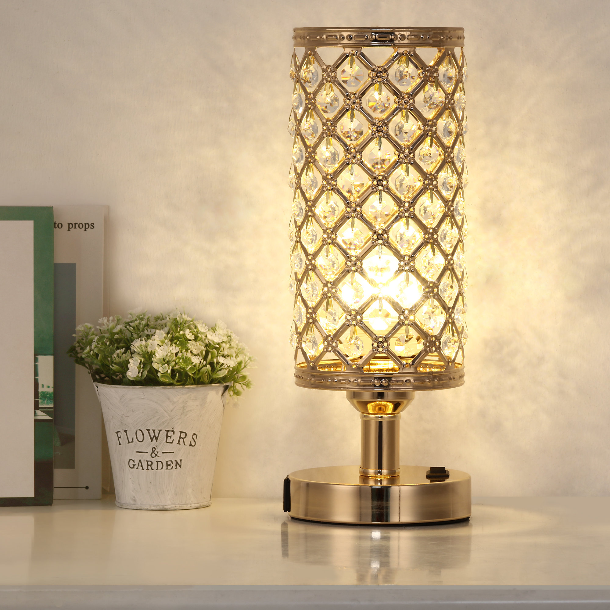 Rosdorf Park Gold Crystal Desk Lamp With Dual USB Charging Ports ...