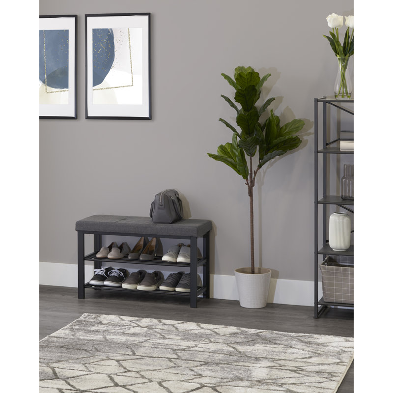 Dark Charcoal Upholstered Shoe Storage Bench with Metal Frame