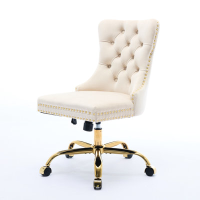Chaise de bureau beige moderne en velours, réglable et pivotante, avec boutons fabriqués à la main, garniture cloutée décorative, structure élastique triple, bureau pivotant de style américain recouvert de tissu doré, boutons
