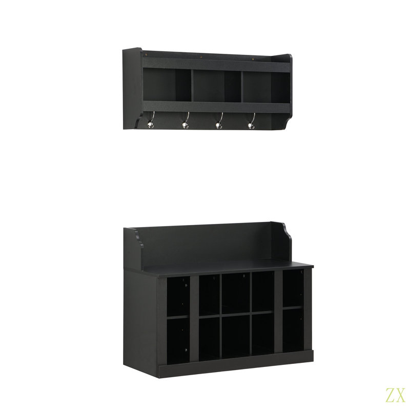 Banc de rangement pour chaussures avec portemanteau mural pour couloir, Noir, noir, noir, noir