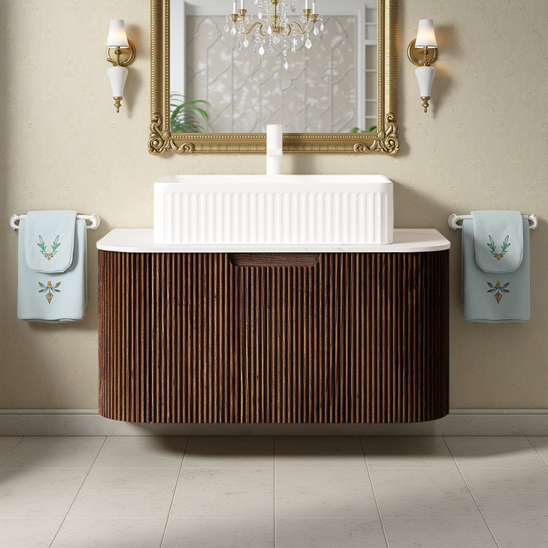 Meuble-lavabo flottant - Lavabo et armoire rectangulaires en céramique blanche (sans robinet inclus), 30", Blanc, Brun
