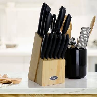 Oster Langmore 15 Piece Stainless Steel Cutlery Knife Block Set W/Black Box  – Classic Blue Handles