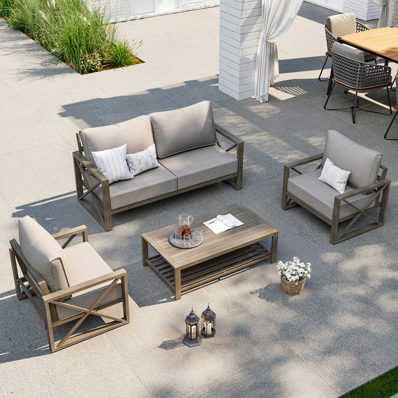 Ensemble de conversation moderne pour patio 4 pièces avec tissu en oléfine, Beige